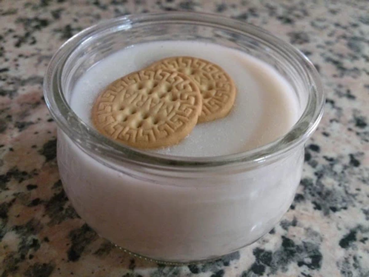 Cuenco de natilla de coco cremosa espolvoreada con canela