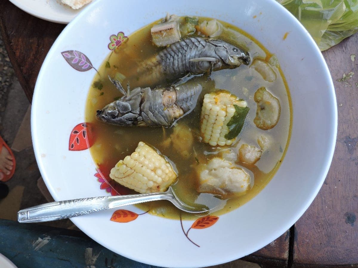 Sancocho de curito servido en plato hondo, con el pescado entero y las verduras en cubos