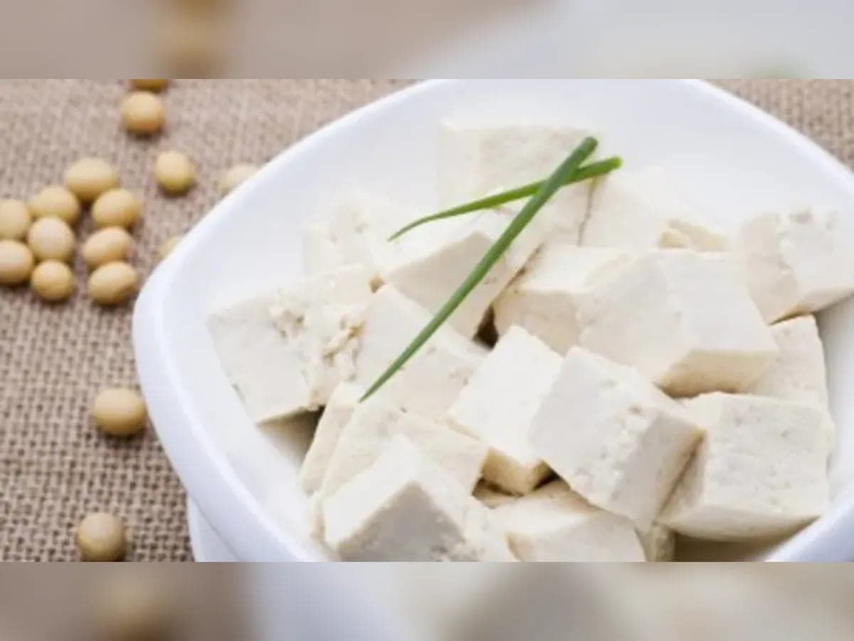 Cubos de tofu casero en un bowl blanco, decorados con cebollín, junto a granos de soja